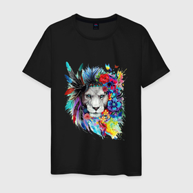 Мужская футболка хлопок с принтом Лев в цветах и перьях в Белгороде, 100% хлопок | прямой крой, круглый вырез горловины, длина до линии бедер, слегка спущенное плечо. | art | lions | арт | животные | львы | перья | рисунок | цветы