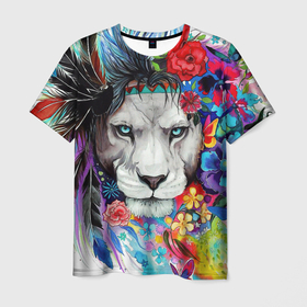 Мужская футболка 3D с принтом Лев   сильный взгляд в Петрозаводске, 100% полиэфир | прямой крой, круглый вырез горловины, длина до линии бедер | art | lions | арт | животные | львы | перья | рисунок | цветы