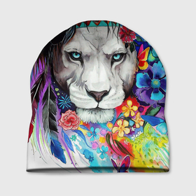 Шапка 3D с принтом Лев   сильный взгляд , 100% полиэстер | универсальный размер, печать по всей поверхности изделия | Тематика изображения на принте: art | lions | арт | животные | львы | перья | рисунок | цветы