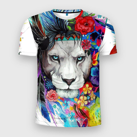 Мужская футболка 3D Slim с принтом Лев   сильный взгляд в Тюмени, 100% полиэстер с улучшенными характеристиками | приталенный силуэт, круглая горловина, широкие плечи, сужается к линии бедра | art | lions | арт | животные | львы | перья | рисунок | цветы