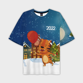 Мужская футболка OVERSIZE 3D с принтом Тигр с воздушным шариком ,  |  | Тематика изображения на принте: 2022 | год тигра | новый год | новый год 2022 | символ года | тигр | тигренок | тигрица | тигры
