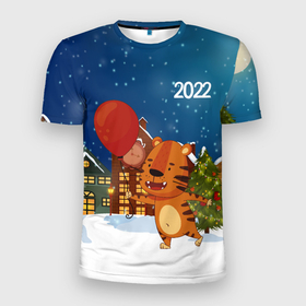 Мужская футболка 3D Slim с принтом Тигр с воздушным шариком в Петрозаводске, 100% полиэстер с улучшенными характеристиками | приталенный силуэт, круглая горловина, широкие плечи, сужается к линии бедра | 2022 | год тигра | новый год | новый год 2022 | символ года | тигр | тигренок | тигрица | тигры