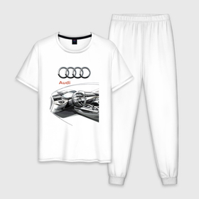 Мужская пижама хлопок с принтом Audi salon concept в Новосибирске, 100% хлопок | брюки и футболка прямого кроя, без карманов, на брюках мягкая резинка на поясе и по низу штанин
 | audi | car | car steering wheel | germany | power | prestige | salon | sketch | автомобиль | ауди | германия | мощь | престиж | руль | салон | эскиз