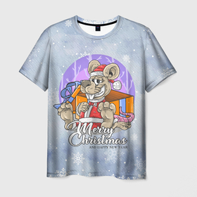 Мужская футболка 3D с принтом Санта Крыс в Курске, 100% полиэфир | прямой крой, круглый вырез горловины, длина до линии бедер | Тематика изображения на принте: new year | арт | графика | зима | крыса | мышь | новый год | рождество