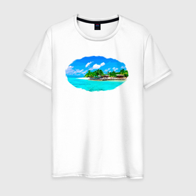 Мужская футболка хлопок с принтом Пляж Bounty в Белгороде, 100% хлопок | прямой крой, круглый вырез горловины, длина до линии бедер, слегка спущенное плечо. | море | одежда к лету | одежда на отдых | одежда с морем | океан | пляж | пляжная одежда | пляжная тематика
