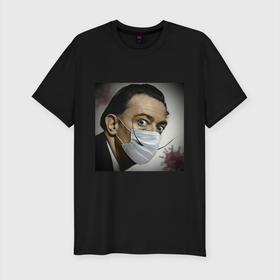 Мужская футболка хлопок Slim с принтом Сальвадор CoVi в Екатеринбурге, 92% хлопок, 8% лайкра | приталенный силуэт, круглый вырез ворота, длина до линии бедра, короткий рукав | covid | dali | mask | virus | вирус | коронавирус | маска | сальвадор | художник