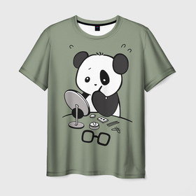 Мужская футболка 3D с принтом Панда красит глаза , 100% полиэфир | прямой крой, круглый вырез горловины, длина до линии бедер | bear | eyes | in front of the mirror | paints | panda | глаза | красит | медведь | панда | перед зеркалом