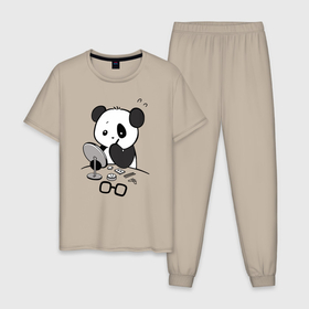 Мужская пижама хлопок с принтом Панда красит глаза. , 100% хлопок | брюки и футболка прямого кроя, без карманов, на брюках мягкая резинка на поясе и по низу штанин
 | bear | eyes | in front of the mirror | paints | panda | глаза | красит | медведь | панда | перед зеркалом