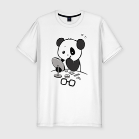 Мужская футболка хлопок Slim с принтом Панда красит глаза. , 92% хлопок, 8% лайкра | приталенный силуэт, круглый вырез ворота, длина до линии бедра, короткий рукав | bear | eyes | in front of the mirror | paints | panda | глаза | красит | медведь | панда | перед зеркалом