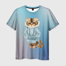 Мужская футболка 3D с принтом Тигренок в пайте в Новосибирске, 100% полиэфир | прямой крой, круглый вырез горловины, длина до линии бедер | Тематика изображения на принте: 2022 | год тигра 2022 | кошка | новый год | полосатый тигренок | тигр | тигр 2022 | тигренок | тигренок в пайте
