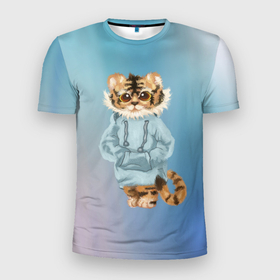 Мужская футболка 3D Slim с принтом Тигренок в пайте в Новосибирске, 100% полиэстер с улучшенными характеристиками | приталенный силуэт, круглая горловина, широкие плечи, сужается к линии бедра | Тематика изображения на принте: 2022 | год тигра 2022 | кошка | новый год | полосатый тигренок | тигр | тигр 2022 | тигренок | тигренок в пайте