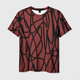 Мужская футболка 3D с принтом Кот пробежал в Белгороде, 100% полиэфир | прямой крой, круглый вырез горловины, длина до линии бедер | в топе | в тренде | каракули | линяя | нить | новинка | орнамент | популярное | популярное узор | стиль | узор | чёрная линяя | чёрное на красном