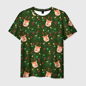 Мужская футболка 3D с принтом НОВОГОДНИЙ ОЛЕНЬ | GREEN , 100% полиэфир | прямой крой, круглый вырез горловины, длина до линии бедер | 2022 | christmas | new year | елка | новый год | рождество | свитер