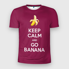 Мужская футболка 3D Slim с принтом Keep calm and go banana в Новосибирске, 100% полиэстер с улучшенными характеристиками | приталенный силуэт, круглая горловина, широкие плечи, сужается к линии бедра | Тематика изображения на принте: banana | fruit | joke | keep calm and go banana | royal motto | банан | иди на банан | королевский девиз | успокойся | фрукт | шутка
