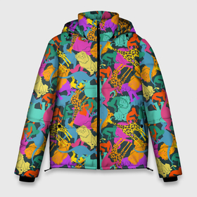Мужская зимняя куртка 3D с принтом Красочные Животные в Екатеринбурге, верх — 100% полиэстер; подкладка — 100% полиэстер; утеплитель — 100% полиэстер | длина ниже бедра, свободный силуэт Оверсайз. Есть воротник-стойка, отстегивающийся капюшон и ветрозащитная планка. 

Боковые карманы с листочкой на кнопках и внутренний карман на молнии. | animals | safari | zoo | дикая природа | дикие животные | животные | жираф | звери | зебра | зоопарк | кенгуру | лев | обезьяна | сафари | следы от лап | слон