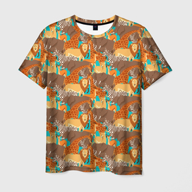 Мужская футболка 3D с принтом Дикие Животные в Екатеринбурге, 100% полиэфир | прямой крой, круглый вырез горловины, длина до линии бедер | animals | safari | zoo | дикая природа | дикие животные | животные | жираф | звери | зебра | зоопарк | лев | сафари | следы от лап | слон
