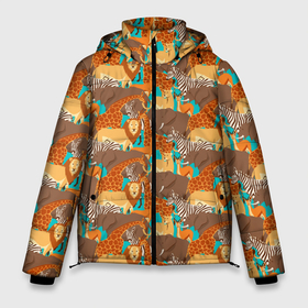 Мужская зимняя куртка 3D с принтом Дикие Животные в Новосибирске, верх — 100% полиэстер; подкладка — 100% полиэстер; утеплитель — 100% полиэстер | длина ниже бедра, свободный силуэт Оверсайз. Есть воротник-стойка, отстегивающийся капюшон и ветрозащитная планка. 

Боковые карманы с листочкой на кнопках и внутренний карман на молнии. | animals | safari | zoo | дикая природа | дикие животные | животные | жираф | звери | зебра | зоопарк | лев | сафари | следы от лап | слон