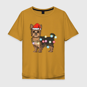 Мужская футболка хлопок Oversize с принтом Йоркширский терьер новогодний в Новосибирске, 100% хлопок | свободный крой, круглый ворот, “спинка” длиннее передней части | декоративная собака | елочные игрушки | живая елка | животные | йоркширк | йоркширский терьер | маленькая собачка | мини | новогодний костюм | новый год | праздник | санта йорк | собака