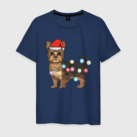 Мужская футболка хлопок с принтом Йоркширский терьер новогодний в Новосибирске, 100% хлопок | прямой крой, круглый вырез горловины, длина до линии бедер, слегка спущенное плечо. | декоративная собака | елочные игрушки | живая елка | животные | йоркширк | йоркширский терьер | маленькая собачка | мини | новогодний костюм | новый год | праздник | санта йорк | собака