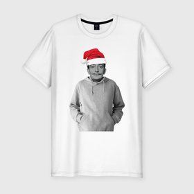 Мужская футболка хлопок Slim с принтом Дед Мороз Сальвадор дали в Екатеринбурге, 92% хлопок, 8% лайкра | приталенный силуэт, круглый вырез ворота, длина до линии бедра, короткий рукав | Тематика изображения на принте: 2022 | дед мороз | новый год | с рождеством | шапка