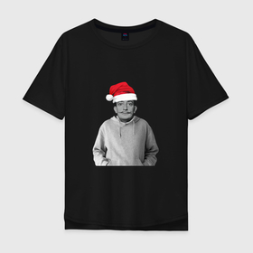 Мужская футболка хлопок Oversize с принтом Дед Мороз Сальвадор Дали в шапке в Екатеринбурге, 100% хлопок | свободный крой, круглый ворот, “спинка” длиннее передней части | Тематика изображения на принте: 2022 | дед мороз | новый год | с рождеством | шапка