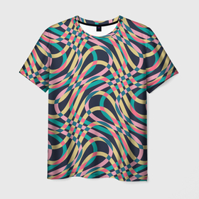 Мужская футболка 3D с принтом Абстрактные полоски в Петрозаводске, 100% полиэфир | прямой крой, круглый вырез горловины, длина до линии бедер | абстракция | бирюзовый | лимонный | полоски | полосы | розовый | цвет