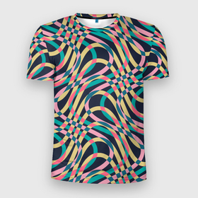 Мужская футболка 3D Slim с принтом Абстрактные полоски в Курске, 100% полиэстер с улучшенными характеристиками | приталенный силуэт, круглая горловина, широкие плечи, сужается к линии бедра | абстракция | бирюзовый | лимонный | полоски | полосы | розовый | цвет