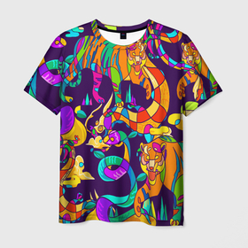 Мужская футболка 3D с принтом Все смешалост тигры,змеи в Петрозаводске, 100% полиэфир | прямой крой, круглый вырез горловины, длина до линии бедер | абстракция | геометрия | змея | тигр | яркое