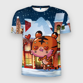 Мужская футболка 3D Slim с принтом Влюбленный новогодний тигренок в Екатеринбурге, 100% полиэстер с улучшенными характеристиками | приталенный силуэт, круглая горловина, широкие плечи, сужается к линии бедра | Тематика изображения на принте: 2022 | год тигра | новый год | новый год 2022 | символ года | тигр | тигренок | тигрица | тигры