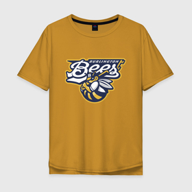 Мужская футболка хлопок Oversize с принтом Burlington Bees   baseball team в Екатеринбурге, 100% хлопок | свободный крой, круглый ворот, “спинка” длиннее передней части | baseball | bat | bee | burlington | canada | sport | sting | team | wings | бейсбол | бита | жало | канада | крылья | пчела | спорт