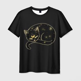 Мужская футболка 3D с принтом Космический Кот Целестиал в Новосибирске, 100% полиэфир | прямой крой, круглый вырез горловины, длина до линии бедер | cat | celestial | galaxy | glow | heavenly | milky | moon | neon | space | stars | way | галактика | звезды | космический | космос | кот | луна | млечный | небесный | неон | путь | свечение | целестиал