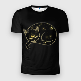 Мужская футболка 3D Slim с принтом Космический Кот Целестиал в Тюмени, 100% полиэстер с улучшенными характеристиками | приталенный силуэт, круглая горловина, широкие плечи, сужается к линии бедра | cat | celestial | galaxy | glow | heavenly | milky | moon | neon | space | stars | way | галактика | звезды | космический | космос | кот | луна | млечный | небесный | неон | путь | свечение | целестиал