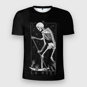 Мужская футболка 3D Slim с принтом Жнец | La Mort в Курске, 100% полиэстер с улучшенными характеристиками | приталенный силуэт, круглая горловина, широкие плечи, сужается к линии бедра | Тематика изображения на принте: apocalypse | bones | death | hand | hands | harvest | horseman | la | mort | night | reaper | ribs | scythe | skeleton | skull | stars | sunset | sword | swords | апокалипсиса | всадник | жатва | жнец | закат | звезды | коса | кости | ла морт | ла муерте 