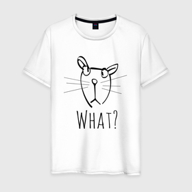 Мужская футболка хлопок с принтом WHAT (ЧТО) в Санкт-Петербурге, 100% хлопок | прямой крой, круглый вырез горловины, длина до линии бедер, слегка спущенное плечо. | cat | cats | mem | meme | memes | what | кот | котейка | котенок | котик | котэ | кошка | мем | мемы | что