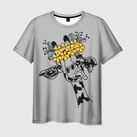 Мужская футболка 3D с принтом Жираф показывает язык в Белгороде, 100% полиэфир | прямой крой, круглый вырез горловины, длина до линии бедер | african | funny | giraffe | on the head | shows tongue | wreath | yellow flowers | африканский | венок | весёлый | жёлтые цветы | жираф | на голове | показывает | язык