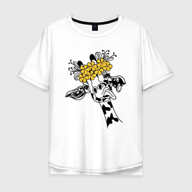 Мужская футболка хлопок Oversize с принтом Жираф показывает язык. в Новосибирске, 100% хлопок | свободный крой, круглый ворот, “спинка” длиннее передней части | Тематика изображения на принте: african | funny | giraffe | on the head | shows tongue | wreath | yellow flowers | африканский | венок | весёлый | жёлтые цветы | жираф | на голове | показывает | язык