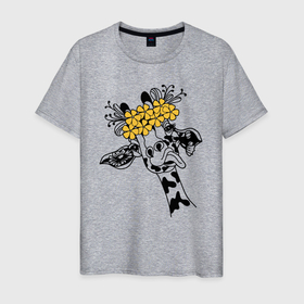 Мужская футболка хлопок с принтом Жираф показывает язык. в Екатеринбурге, 100% хлопок | прямой крой, круглый вырез горловины, длина до линии бедер, слегка спущенное плечо. | african | funny | giraffe | on the head | shows tongue | wreath | yellow flowers | африканский | венок | весёлый | жёлтые цветы | жираф | на голове | показывает | язык