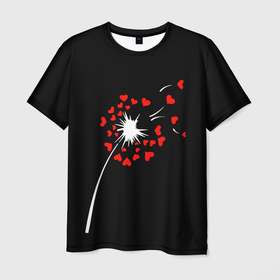 Мужская футболка 3D с принтом Сердечный одуванчик в Тюмени, 100% полиэфир | прямой крой, круглый вырез горловины, длина до линии бедер | Тематика изображения на принте: feelings | fly away | hearts | hearty dandelion | holiday | love | valentines day | день святого валентина | любовь | праздник | разлетаются | сердечный одуванчик | сердца | чувства