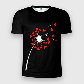 Мужская футболка 3D Slim с принтом Сердечный одуванчик в Белгороде, 100% полиэстер с улучшенными характеристиками | приталенный силуэт, круглая горловина, широкие плечи, сужается к линии бедра | feelings | fly away | hearts | hearty dandelion | holiday | love | valentines day | день святого валентина | любовь | праздник | разлетаются | сердечный одуванчик | сердца | чувства