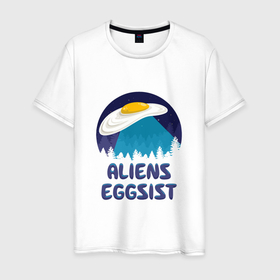 Мужская футболка хлопок с принтом НЛО яичница в Белгороде, 100% хлопок | прямой крой, круглый вырез горловины, длина до линии бедер, слегка спущенное плечо. | omelette | ufo | корабль космический | космос | лес | летающая тарелка | нло | тарелка | яичница