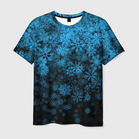 Мужская футболка 3D с принтом КРАСИВЫЕ ГОЛУБЫЕ СНЕЖИНКИ в Новосибирске, 100% полиэфир | прямой крой, круглый вырез горловины, длина до линии бедер | Тематика изображения на принте: голубые снежинки | зима | новогодний | новый год | синие снежинки | снег | снежинки