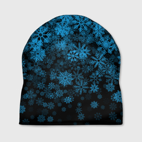 Шапка 3D с принтом КРАСИВЫЕ ГОЛУБЫЕ СНЕЖИНКИ в Новосибирске, 100% полиэстер | универсальный размер, печать по всей поверхности изделия | Тематика изображения на принте: голубые снежинки | зима | новогодний | новый год | синие снежинки | снег | снежинки
