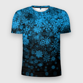 Мужская футболка 3D Slim с принтом КРАСИВЫЕ ГОЛУБЫЕ СНЕЖИНКИ в Новосибирске, 100% полиэстер с улучшенными характеристиками | приталенный силуэт, круглая горловина, широкие плечи, сужается к линии бедра | Тематика изображения на принте: голубые снежинки | зима | новогодний | новый год | синие снежинки | снег | снежинки