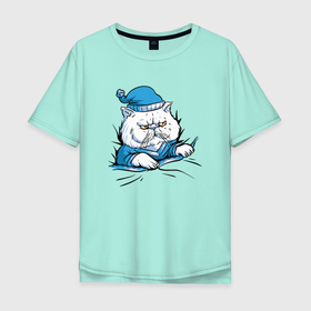 Мужская футболка хлопок Oversize с принтом Спящий и очень злой толстый кот в Новосибирске, 100% хлопок | свободный крой, круглый ворот, “спинка” длиннее передней части | angry | cat | cats | grumpy | kitten | kitty | meow | persian cat | white | белый кот | в кровати | в кроватке | в шапочке | киса | кот в пижаме | кот в пижамке | котёнок | котик | котики | котята | кошечка | кошка | мяу | не будить