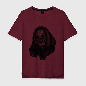Мужская футболка хлопок Oversize с принтом Skull in hood в Белгороде, 100% хлопок | свободный крой, круглый ворот, “спинка” длиннее передней части | Тематика изображения на принте: 80 s | black | bones | creepy | dark | dead | death | film | funny | gothic | halloween | horror | movie | movies | retro | scary | skull | spooky | vintage | зло | худи | череп