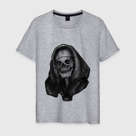 Мужская футболка хлопок с принтом Skull in hood в Белгороде, 100% хлопок | прямой крой, круглый вырез горловины, длина до линии бедер, слегка спущенное плечо. | Тематика изображения на принте: 80 s | black | bones | creepy | dark | dead | death | film | funny | gothic | halloween | horror | movie | movies | retro | scary | skull | spooky | vintage | зло | худи | череп