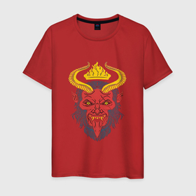 Мужская футболка хлопок с принтом Монстр с рогами в Новосибирске, 100% хлопок | прямой крой, круглый вырез горловины, длина до линии бедер, слегка спущенное плечо. | crown | demon | devil | evil | fire | flame | horns | horror | monster | red | демон | корона | монстер | огонь | рога | ужасы | хоррор