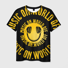 Мужская футболка 3D с принтом Music on. world off   Музыка включена, мир прочь в Новосибирске, 100% полиэфир | прямой крой, круглый вырез горловины, длина до линии бедер | funny smile | headphones | music on | rays | world off | весёлый смайл | лучи | мир прочь | музыка включена | наушники | смайлик | улыбка