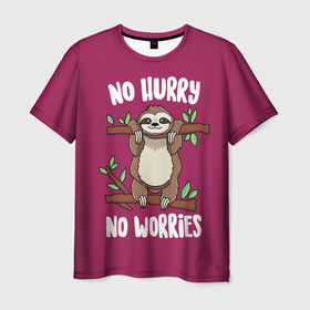 Мужская футболка 3D с принтом No hurry, no worries в Новосибирске, 100% полиэфир | прямой крой, круглый вырез горловины, длина до линии бедер | branches | hanging | no hurry | no worries | sloth | tree | ветки | висит | дерево | ленивец | не беспокойся | не торопись