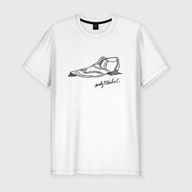 Мужская футболка хлопок Slim с принтом Andy Warhol   signature в Екатеринбурге, 92% хлопок, 8% лайкра | приталенный силуэт, круглый вырез ворота, длина до линии бедра, короткий рукав | andy warhol | celebrity | shoes | sketch | знаменитость | туфля | энди уорхол | эскиз